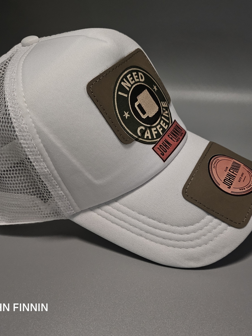 White Trucker Cap with Caffeine Patch